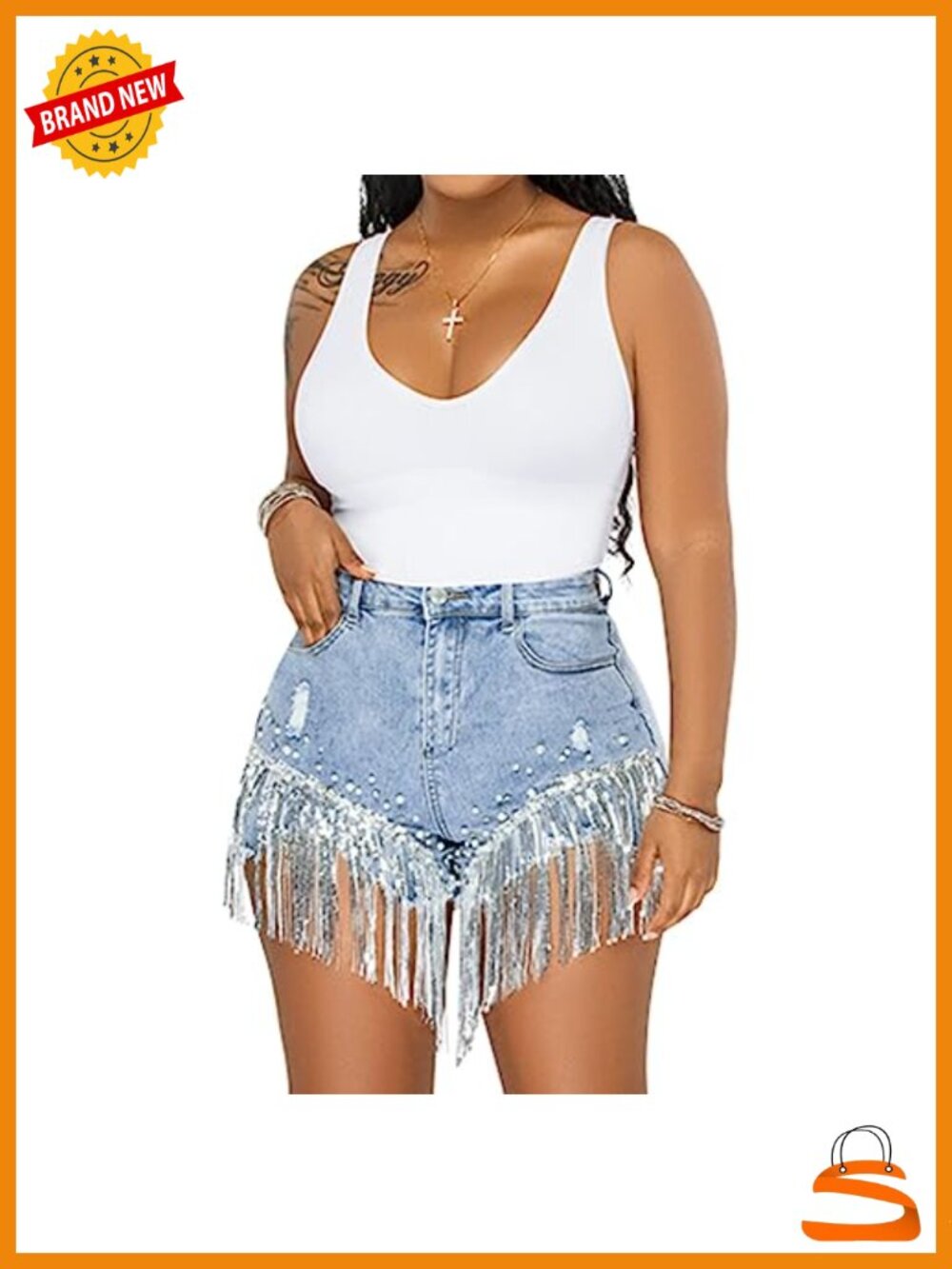 Women Denim Short Rhinestone Pearl Beaded Fringe Tassel Jean Shorts